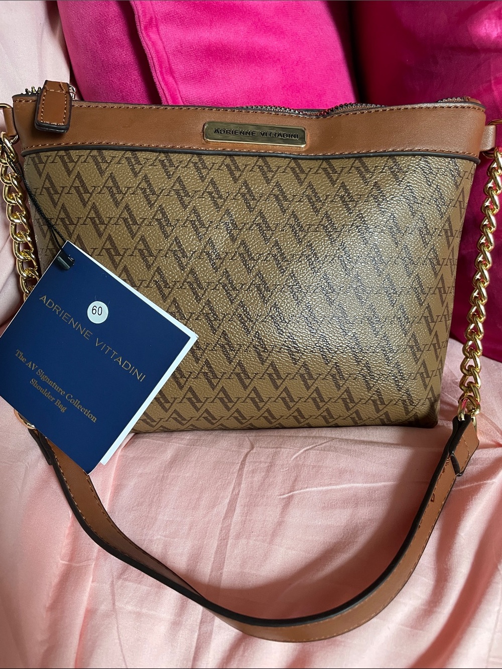 Adrienne Vittadini Brown Monogram Shoulder Bag with Gold Chain